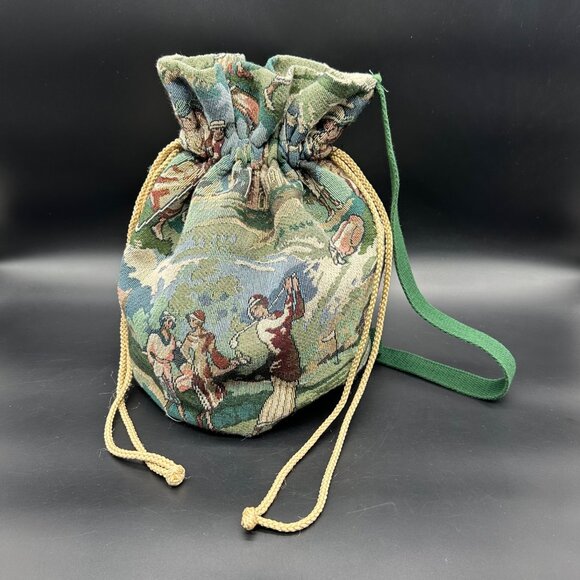 Vintage Tapestry Golf Bucket Bag Handbag Set Green Lady Golfer 1990s Dee Dee - Picture 2 of 16